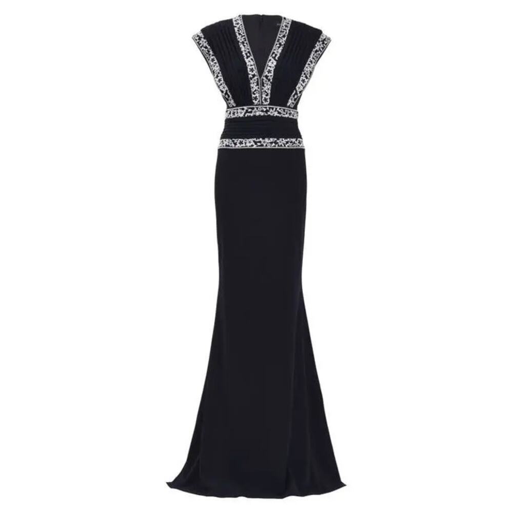 Tadashi Shoji Embroidered V-Neck Black Ivory Gown | Size 16 | NWOT